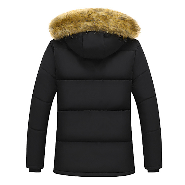 Vinterjakke til mænd 2024 - Tyk fleece, vindtæt, med hætte og pelsfor, parka, klassisk afslappet jakke Negro M