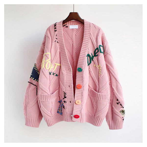 Stickad kofta med broderi för kvinnor, V-ringad design Pink