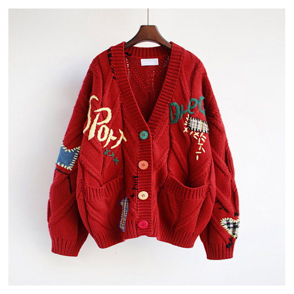 Stickad kofta med broderi för kvinnor, V-ringad design red