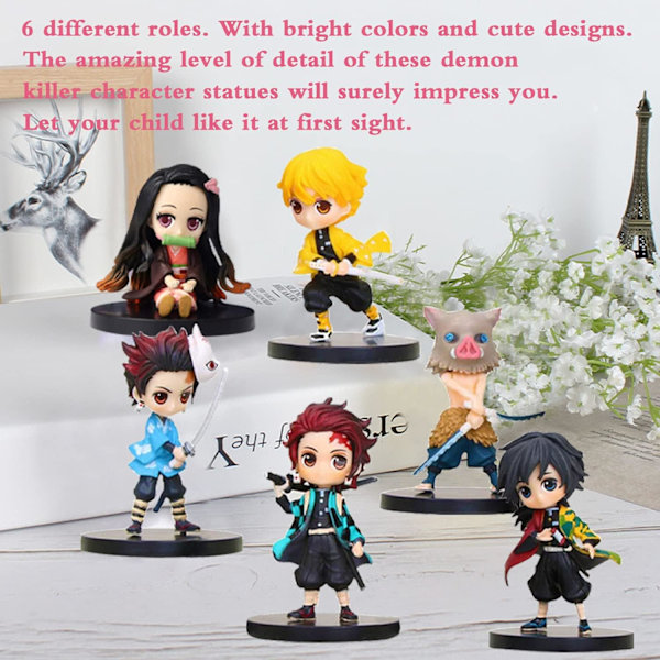 Figurin-tårta Topper, 6 st Demon Slayer Tårta Topper, Cartoon Tårta Dekorationer för Anime Fans, Demon Actionfigurer, för Födelsedagsfesttillbehör
