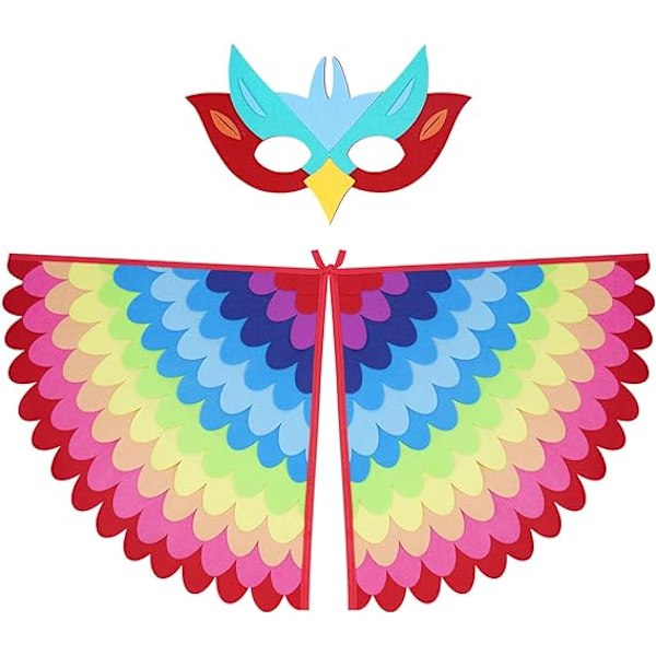 Fuglevinger i filt, fuglevinger kostymesett for barn med øyemaske i filt, justerbar eventyrlig fugl utkledning påfugl flamingo kappe kostyme
