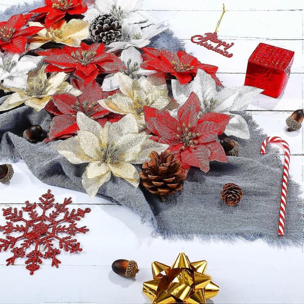 45 deler dekorasjoner glitter kunstige juleblomster til juletreet