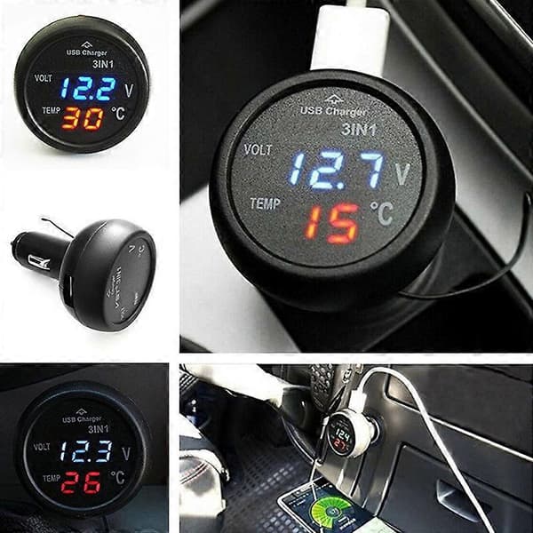 Bil Digital Voltmeter Termometer USB Oplader Bil Cigarettænder Stik Digital Voltmeter Termometer 3 I 1 Måler