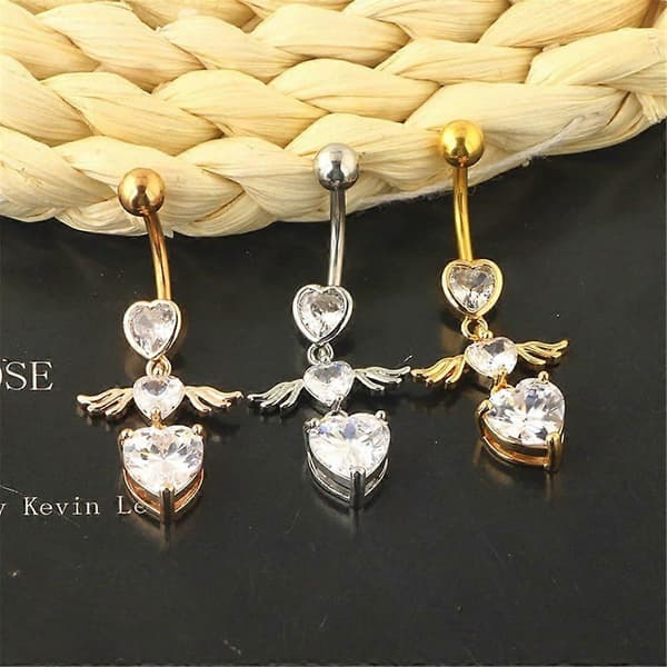 14G Hjerte Dingle Navlepiercinger for Kvinner 316L Rustfritt Stål Englevinger Navlering Navle Barbell Studs Dinglende Kroppspiercing