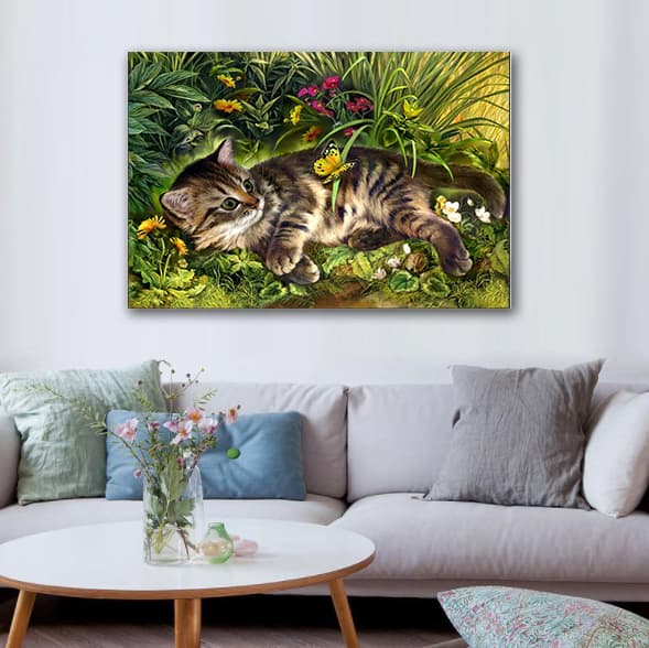 (30x40cm) Katte der leger i haven DIY Diamantmaleri Ful