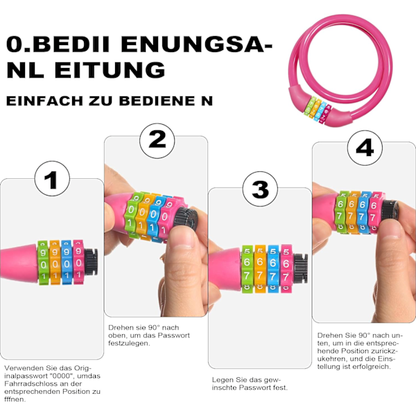 Cykellås, 4-cifret kode cykellås, 65 cm bærbar tyverisikret cykelkode lås, nulstillelige kombinationer 4 cifre koder lås (Pink) Pink