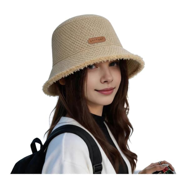 Dame sammenfoldelig solhat – hult strikket skygge – til strandferie Beige
