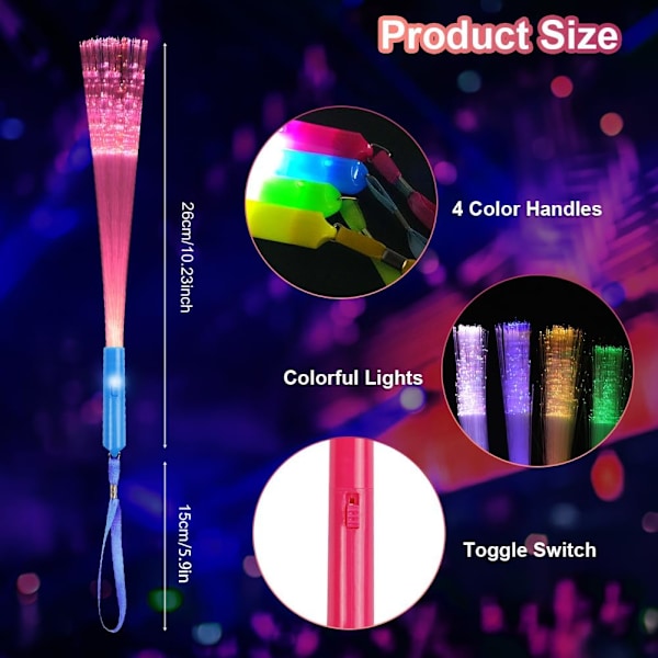 12 stk fiberoptiske tryllestaver for barn, 7 blinkende farger LED Glow Sticks Party Pack, 3 moduser lyser opp fiberoptiske blinkende tryllestaver