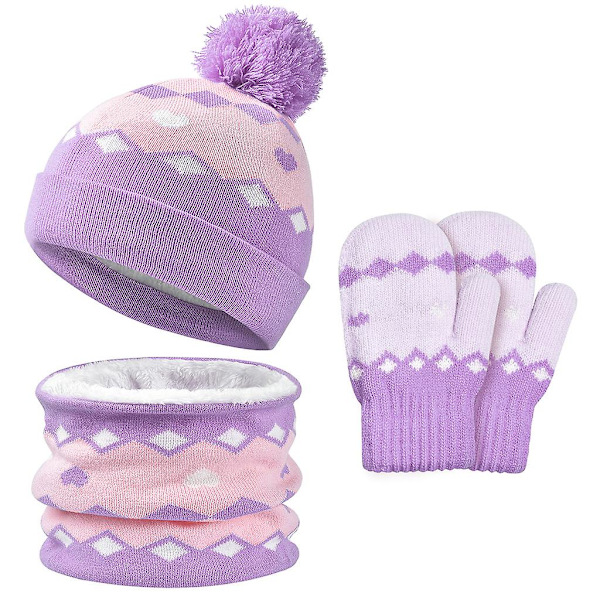 3 deler holdbare termiske innerfløyel barnehatter + skjerf + hansker Purple