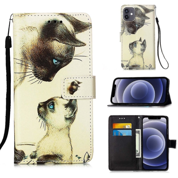 Kompatibel med Iphone 12 Mini Case Læder Flip Wallet Cover med kortslot holder Kickstand mønster - To katte