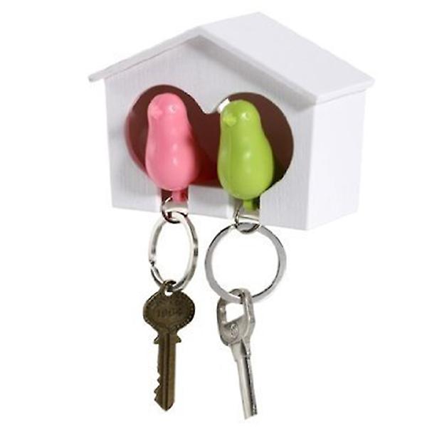 White Birdhouse with 2 Whistle Pink Green Sparrow Key Ring Holder