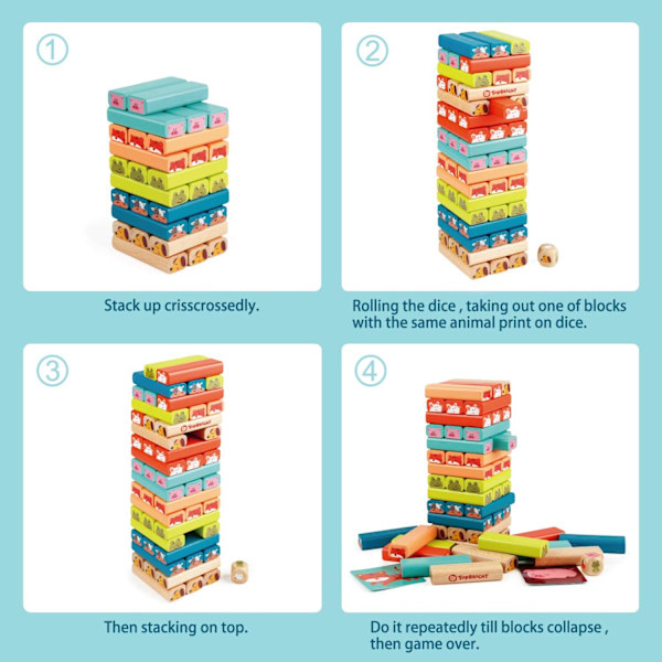 Brädspel för barn Pedagogiska leksaker, trästapelblock Tumble Tower-spel för toddler 3-8 år Inlärningsleksak med 51 bitar