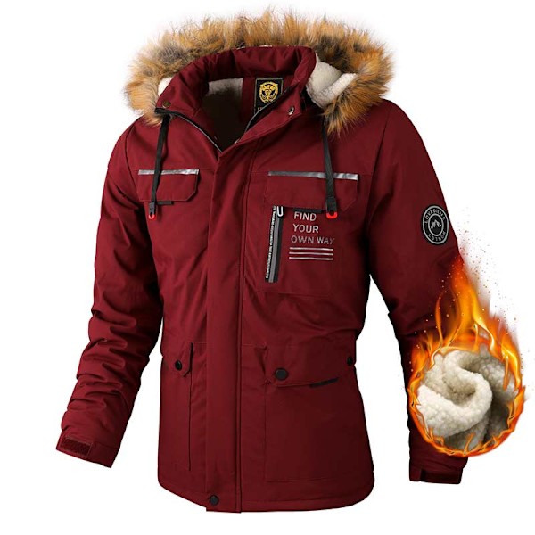 Varm Fleece Parka för Herrar med Huva och Pälskrage, Vindtät Jacka, Klassisk Casual Kappa - Nyhet för Vintern 2024 Blanco M