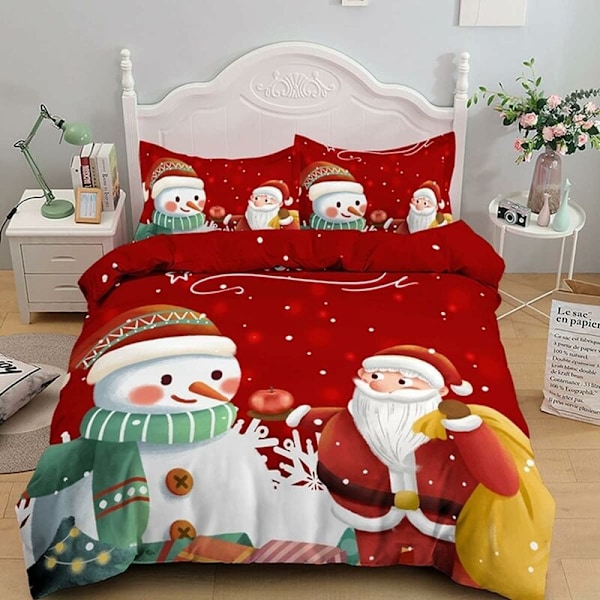 Julbäddset, Täckeöverdrag, Tomte, Snögubbe, Juldekoration (Röd, 220 x 240 cm)