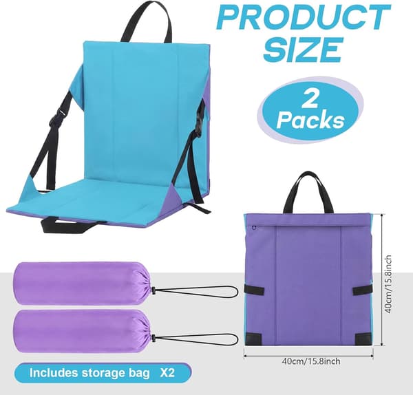 2-pack Stadium Seats with Backrest, Foldable Bleacher Chairs with Cushion and Adjustable Strap, Lightweight Folding Seat Blue and Purple