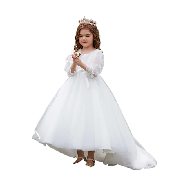 Hvit brudepikekjole for jenter med blonder og sløyfe - Pageant, fest, bryllup, lang erme, prom, prinsessekjole LP-313-White 120cm 6-7Y