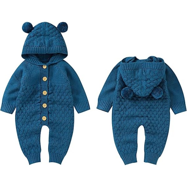 Nyfødt babyjente strikket jumpsuit med lue En-delt klær genser romper for 0-24 måneder Blue 73