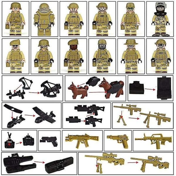12 stk Minifigurer byggesæt, militær byggeklodser sæt, hær soldat legetøj våben våben figurer
