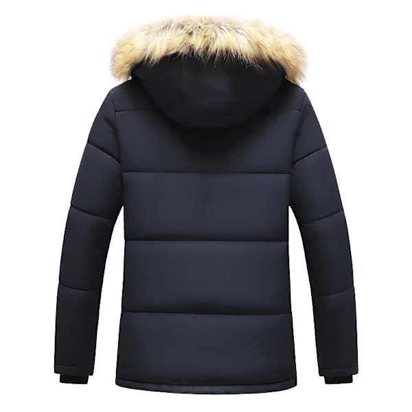 Vinterjakke til mænd 2024 - Tyk fleece, vindtæt, med hætte og pelsfor, parka, klassisk afslappet jakke Blue M