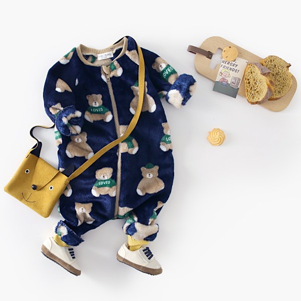 Sanlutoz Sød Bjørn Fleece Tyk Langærmet Onesies til Børn Koreansk Stil Lynlås Vinter Baby Onesies Tøj BRW3026-WH 2-3T