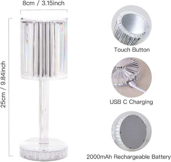 Crystal Table Lamp, Dimmable Touch Table Lamp, Cordless Rechargeable Table Lamp [Energy Class A+++]
