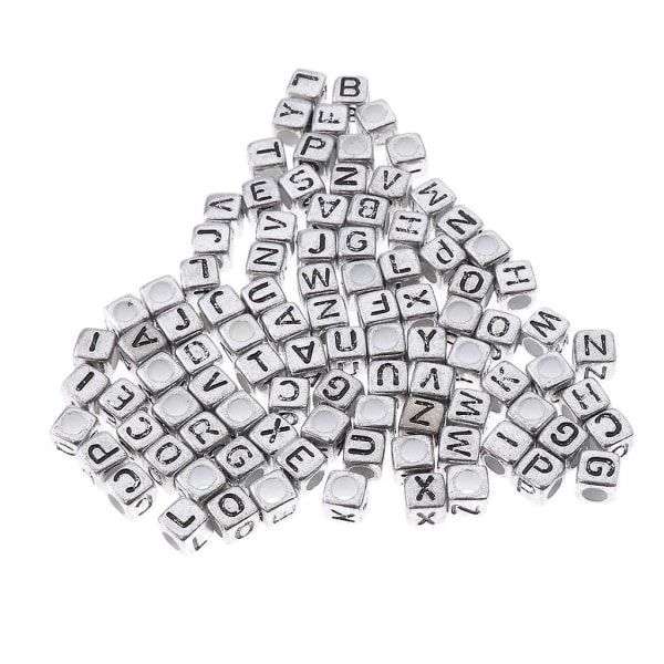2x100x Assorted Metallic Akryl alfabeter Letter Cube Beads Pony Beads Sølv