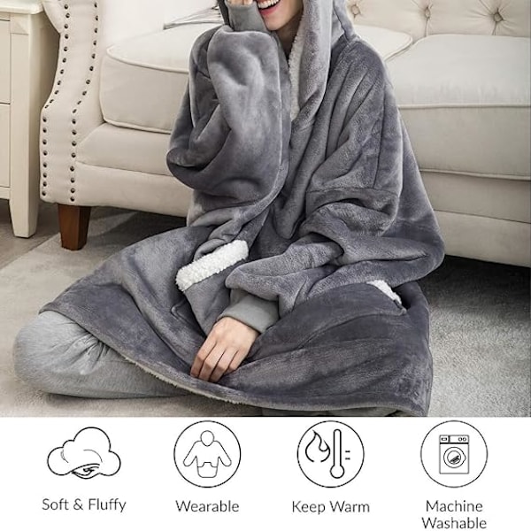 Pledd med vertikal lomme, lat pledd, flanell-kåpe-stil, varm, overdimensjonert hettegenser, én størrelse Gray