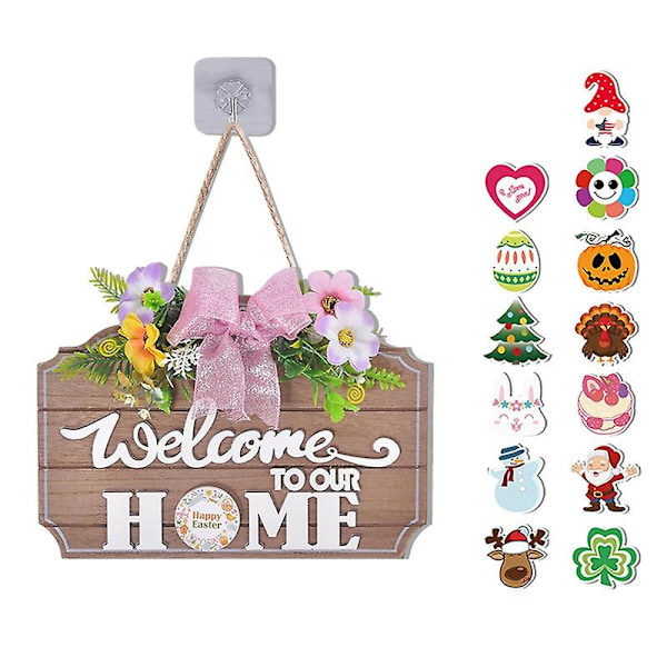 Interchangeable Rectangle Wooden Sign With 13 Seasonal Pieces Flower Bow Plaque Style C