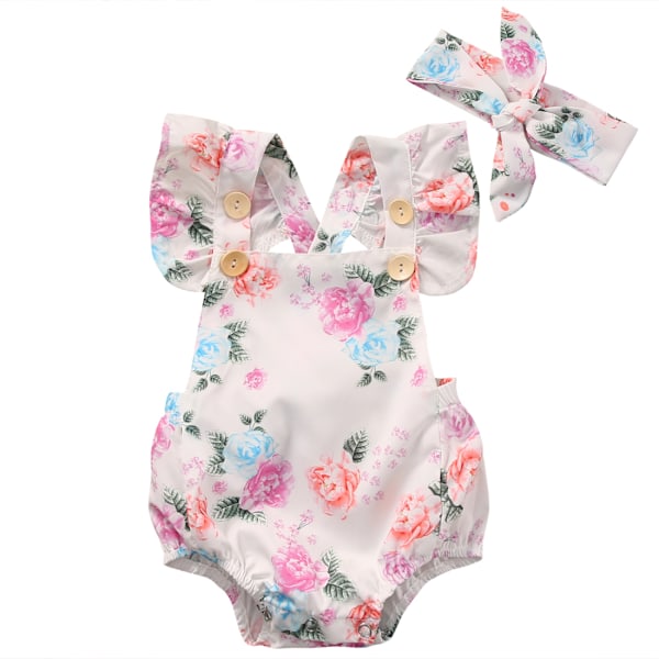 Tregren Nyfødt Baby Romper 0-24M Piger Sød Blomster Outfit i Blød Bomuld med 2 Dele Sæt Inkluderer Top og Pandebånd 18 month