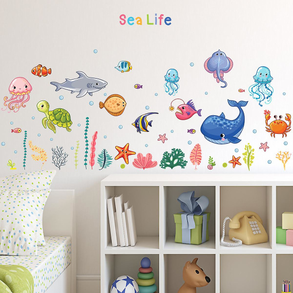 Ocean Fish Väggdekaler, Under The Sea Wall Sticker Avtagbara djurdekaler Akvarell Ocean Creatures Väggdekaler för badrumsinredning