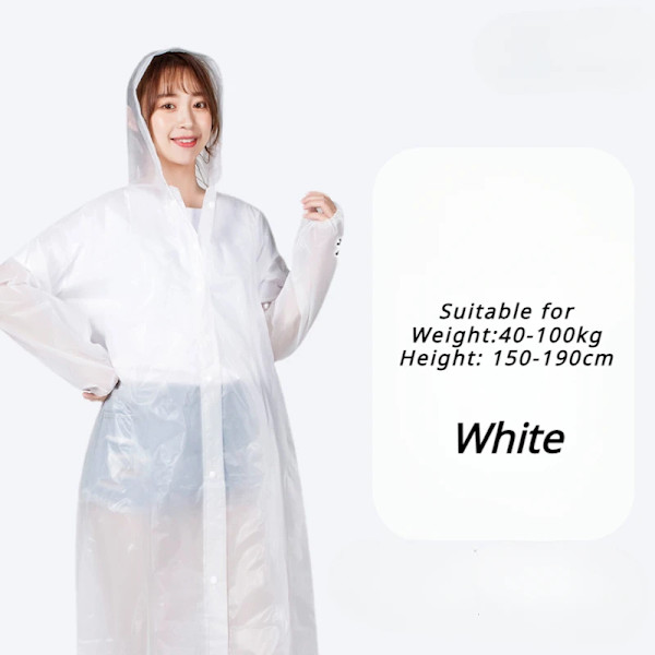 Vedenpitävä sadetakki aikuisille, matkustamiseen ja muotiin, ulkokäyttöön, kannettava, kevyt vaate, uudelleenkäytettävä poncho, sadevaatteet White