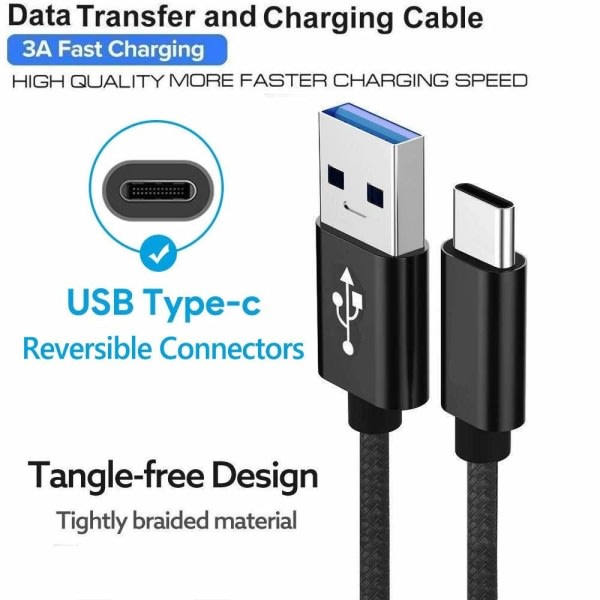 2st USB C-kabel typ C snabbladdningskabel för Samsung Galaxy A12 / A32 / A42 / A52 / A72 Nylon Android-telefonladdare (1m, svart)