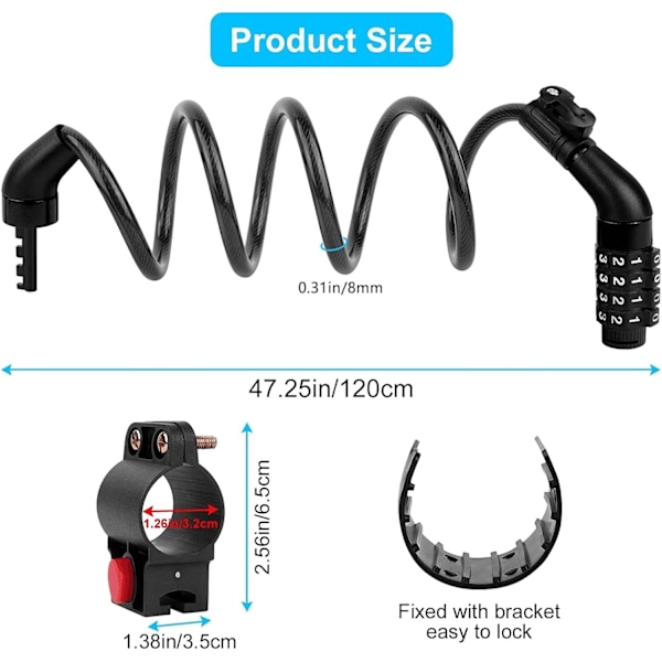 Scooterlås, Säkerhet 4-siffrig Återställbar Kombinationslås Scooter Locer, 120cm/8mm Stöldskydd Idealisk Spiralformad Cykellåskabel, Idealisk för Xiaomi M365/Pro2