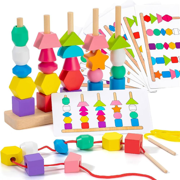 Baby Träpärlor Set, staplingsblock & snörpärlor & matchande form Staplarstam Förskola Lärleksaker Presenter