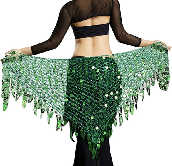 Heytea Women's Belly Dance Hip Scarf Sequins Mesh Triangle Wrap Skirts Dark Green -