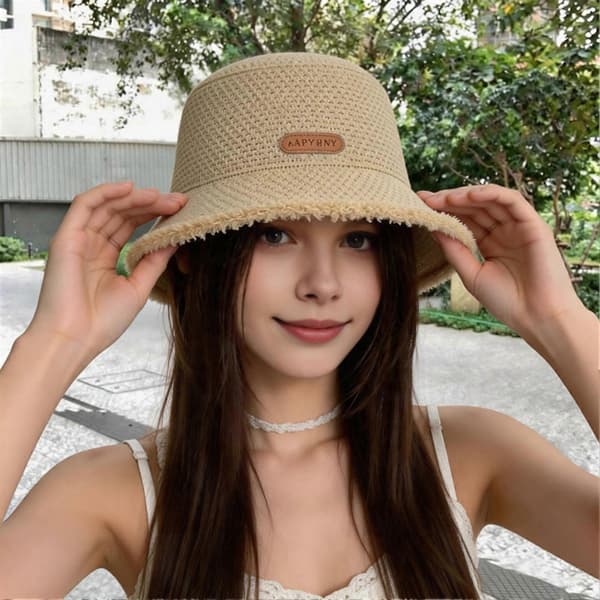 Dame sammenfoldelig solhat – hult strikket skygge – til strandferie Beige