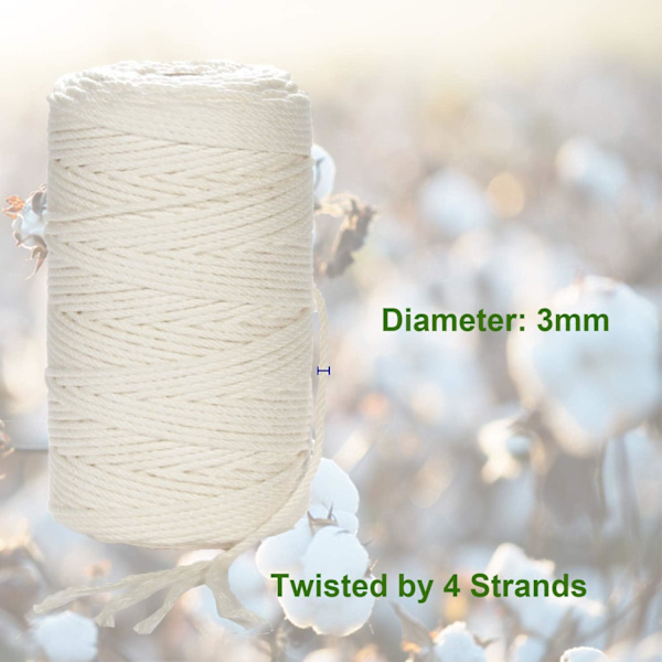 Makramégarn 3 mm x 220 m (ca 200 m) Mjukt oblekt 100 % naturbomullsrep för att göra växtvägg, beige