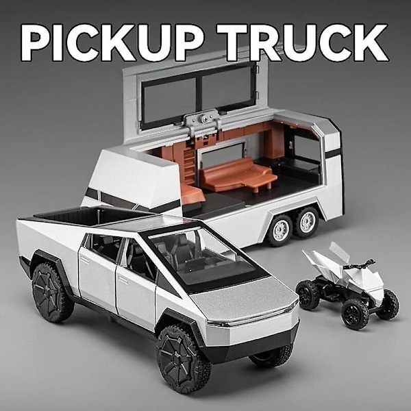 1/32 Tesla Cybertruck med Touring Car Rv Bobil Diecast Lekemetall Miniatyrmodell Trekk Tilbake Lyd Lys Samling Gave Gutt Dark Gray