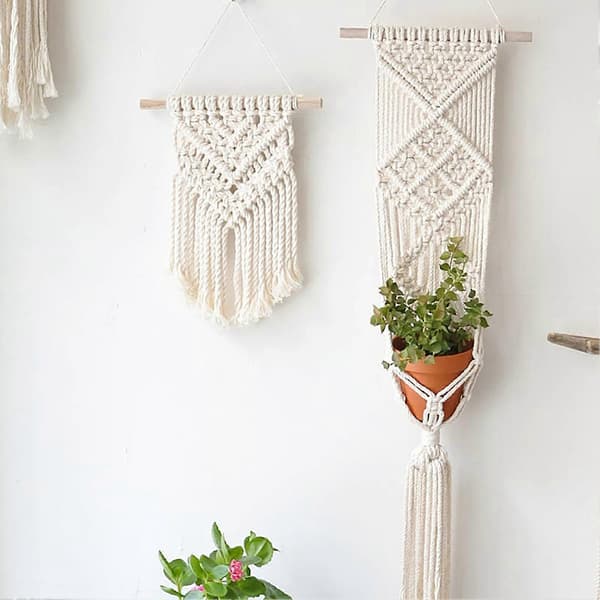 Geometrisk Boho-gobeläng – Naturfärgad bomull – för kaffebar och hall 20cm H