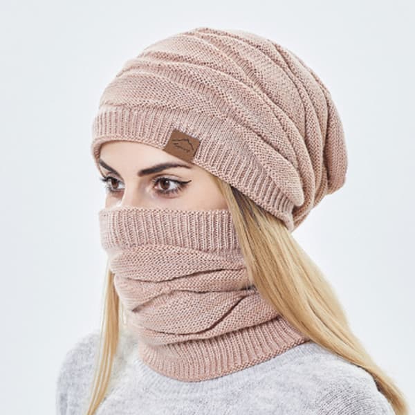 Rosa vinter varm mössa och loop halsduk set med fleecefoder