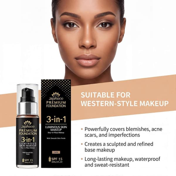 3-i-1 långvarig foundation, naturlig lätt basmakeup (30 ml) 1pc