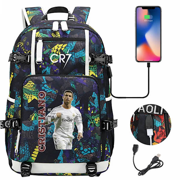 CR7 Fotboll Ryggsäck USB Laddning Ronaldo Skolväska Reselapptoppväska för Tonåringar Studenter