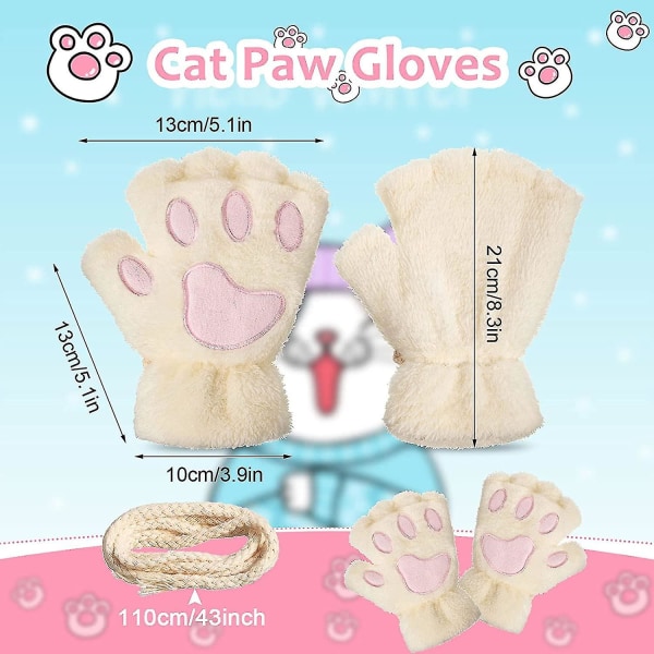 Cat Paw hansker 3 par Kawaii hansker Cat Paws Cosplay imitert pels plysj kattehansker Lion Paws Fingerløse hansker For Jenter Dame Svart, Hvit, Grå -