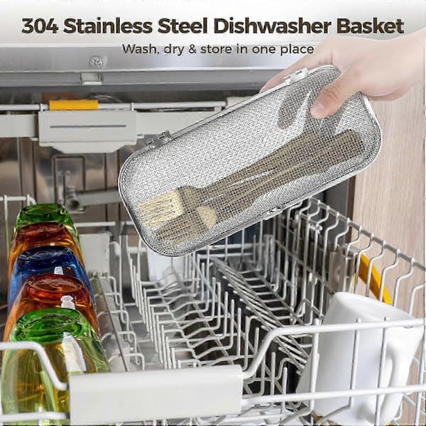 Diskmaskinskorg för bestick i 304 rostfritt stål med säkert lås, silver