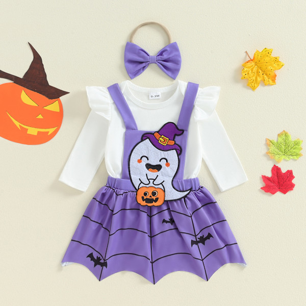 Ma&baby Nyfødt Baby Halloween Tøj Sæt Romper Spøgelse Edderkop Web Skørter Hovedbånd Kostumer Outfit 0-24M Morado 3-6Months