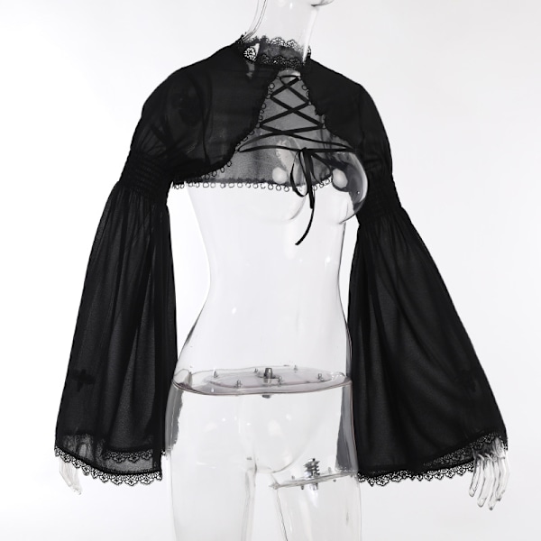 Gotisk Elegant Korte Skuldre med Snøring - Goth Chiffon Bluser med Flare Ermer - Svart Emo Alternativ Overdel M