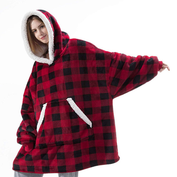 Pledd med vertikal lomme, lat pledd, flanell-kåpe-stil, varm, overdimensjonert hettegenser, én størrelse Red and black checkered