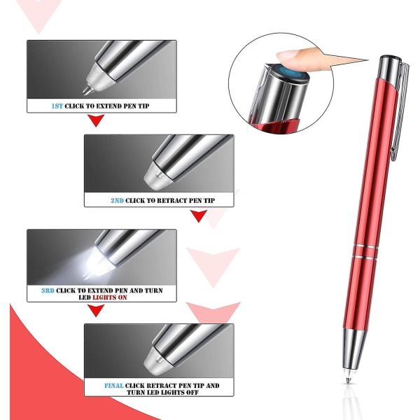 Pen med lys til at skrive i mørket, 6 stykker oplyst spids pen led lommelygte lys op kuglepen (rød + sort)