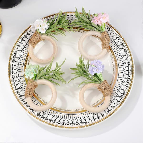 Servettring i trä - Rustik stil med konstgjorda blommor - Möhippa Picknick Green
