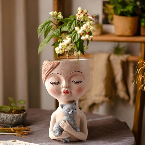 Harpiks pige holder kat og hund vase figur formet ansigts blomsterarrangement kunst container dekoration Black Dog